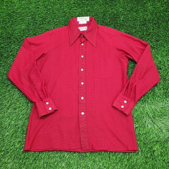Vintage 70s Disco Hippie Button Shirt M/L 21x29 Red Textured - Picture 1 of 13